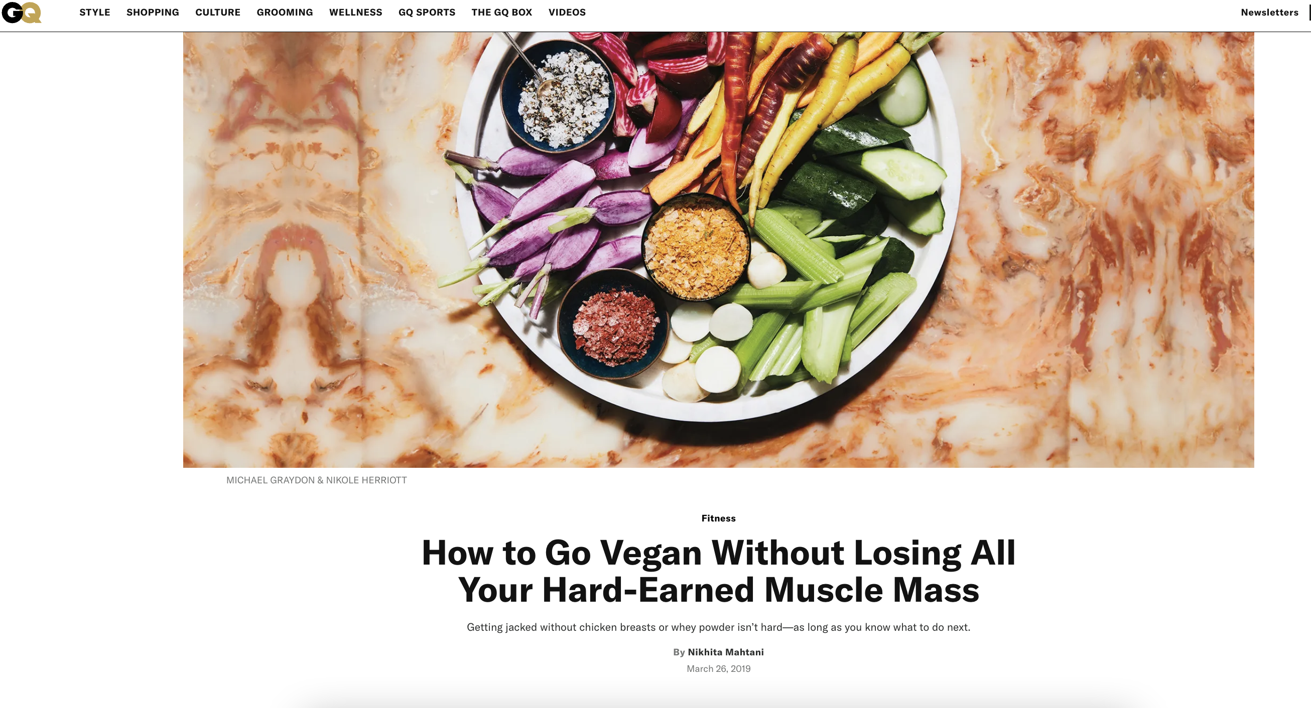Preview image of article written by Nikhita Mahtani, a wellness storytelling expert about going Vegan, without loosing muscle mass in GQ.